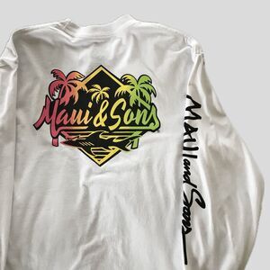 Maui & Suns White Colorful Neon Long Sleeve Cotton Surf Beach Mens Shirt NEW - M